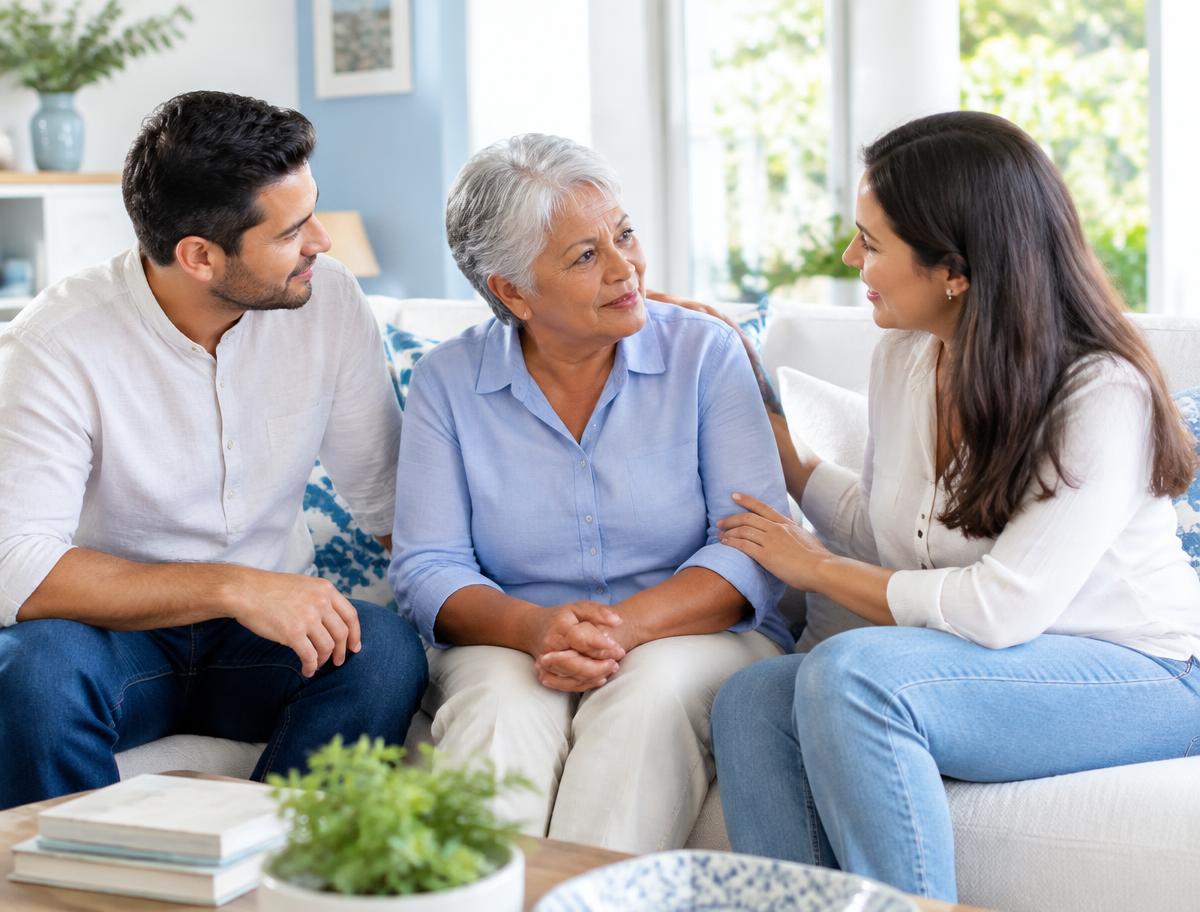 Pessoa idosa conversando com seus familiares em casa